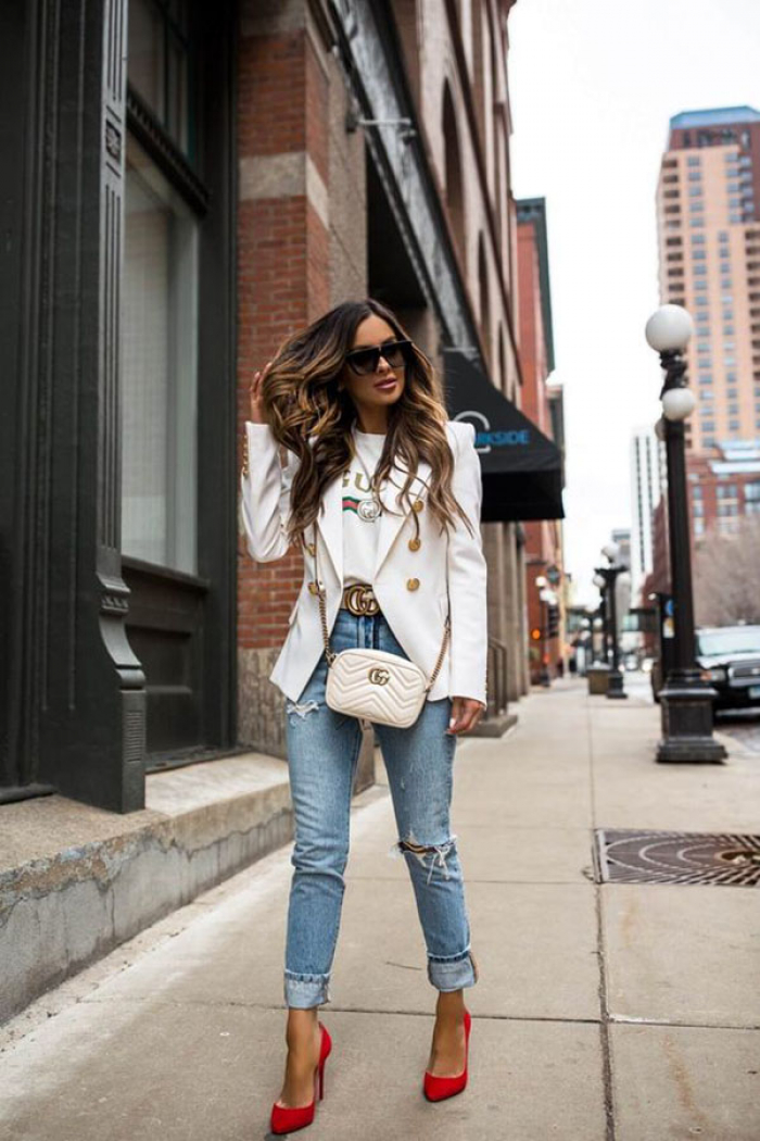 White over-coat with blue-jeans